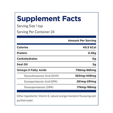 DPA Gold Omega-3 (Seal Oil), 120ml. Supplement Facts.