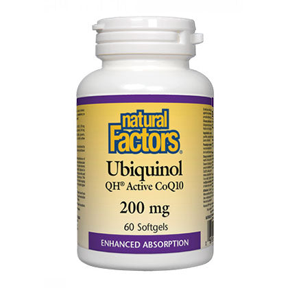 Natural Factors Ubiquinol QH Active CoQ10, 200mg, 60 Softgels. Helps maintain cardiovascular health.