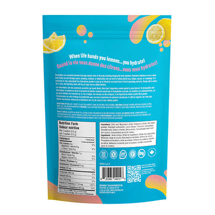 Back of a blue snack package with nutritional information and ingredients listed.