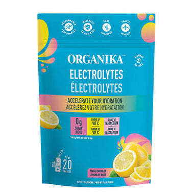 Organika electrolytes package with lemon illustration on a blue background