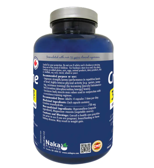 Naka Platinum Creatine Monohydrate 200 Vcaps bottle - back label with supplement facts, ingredients, and dosage directions