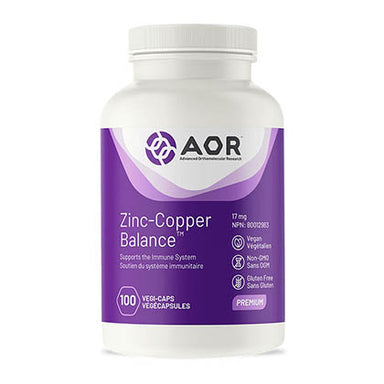 AOR Zinc-Copper Balance, 100 vege caps. Supports healthy skin, prostate and immunity.