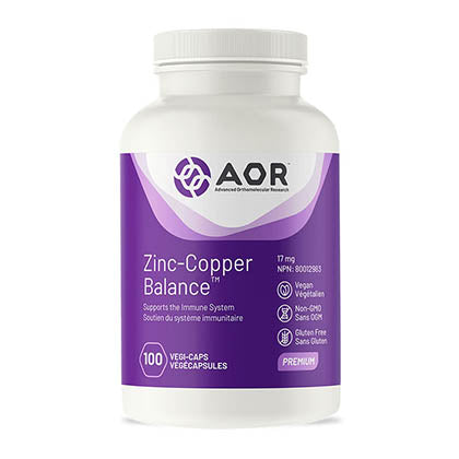 AOR Zinc-Copper Balance, 100 vege caps. Supports healthy skin, prostate and immunity.