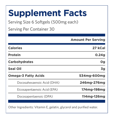 DPA Gold Omega-3 (Seal Oil), 180 Softgels. Supplement Facts.