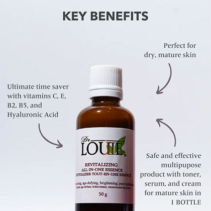 Dr. Louie Revitalizing All-In-One Essence - For Dry Skin - 50g. Key benefits list.