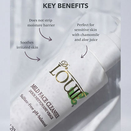 Dr. Louie Mild Face Cleanser 120g. Key benefits list.