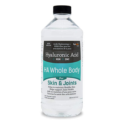 HA Whole Body Hyaluronic Acid + MSM + Zinc, 354ml. Helps to maintain health skin and support joint health.