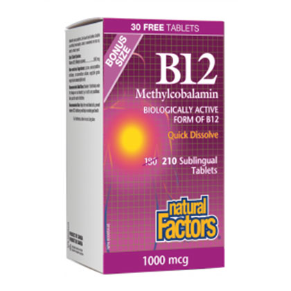 Natural Factors Vitamin B12 Methylcobalamine 1000mcg, 210 Tablets Bonus Size. Boosts energy.