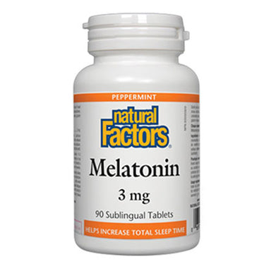 Natural Factors Melatonin, 3mg, 90 sublingual tablets. Helps increase total sleep time.