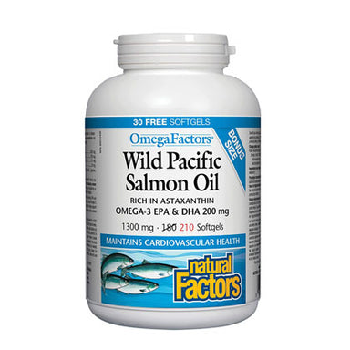 Natural Factors Omega Factors Wild Pacific Salmon Oil, 1300mg, BONUS 210 softgels. Maintains cardiovascular health.