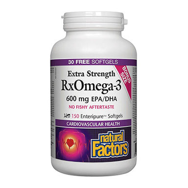 Natural Factors RxOmega-3, 600mg EPA/DHA, BONUS 150 Softgels. High potency of omega-3 EFAs in a convenient one-a-day softgel.