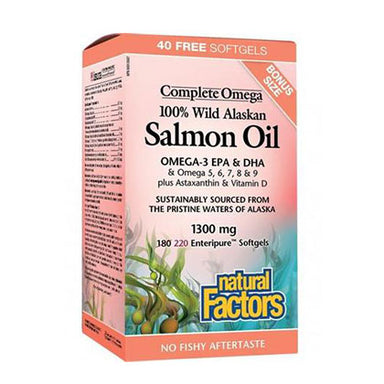 Natural Factors Complete Omega 100% Wild Alaskan Salmon Oil, 100mg, 220 BONUS Size with Astaxanthin & Vitamin D.