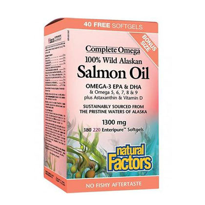 Natural Factors Complete Omega 100% Wild Alaskan Salmon Oil, 100mg, 220 BONUS Size with Astaxanthin & Vitamin D.