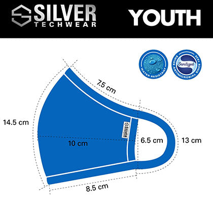 Silver TechWear Premium Anti-Bacterial Silver Ion Technology Washable Face Mask, size youth measurements.