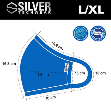 Silver TechWear Premium Anti-Bacterial Silver Ion Technology Washable Face Mask Measurements for L/XL